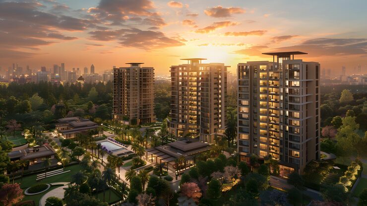 Artist's impression of township with towers and open space, shown for Prestige Sonnenahalli