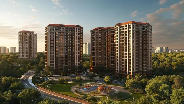 Artist's impression of township with towers and open space, shown for Prestige Park Grove