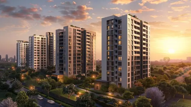 Artist's impression of township with towers and open space, shown for Prestige Battersea